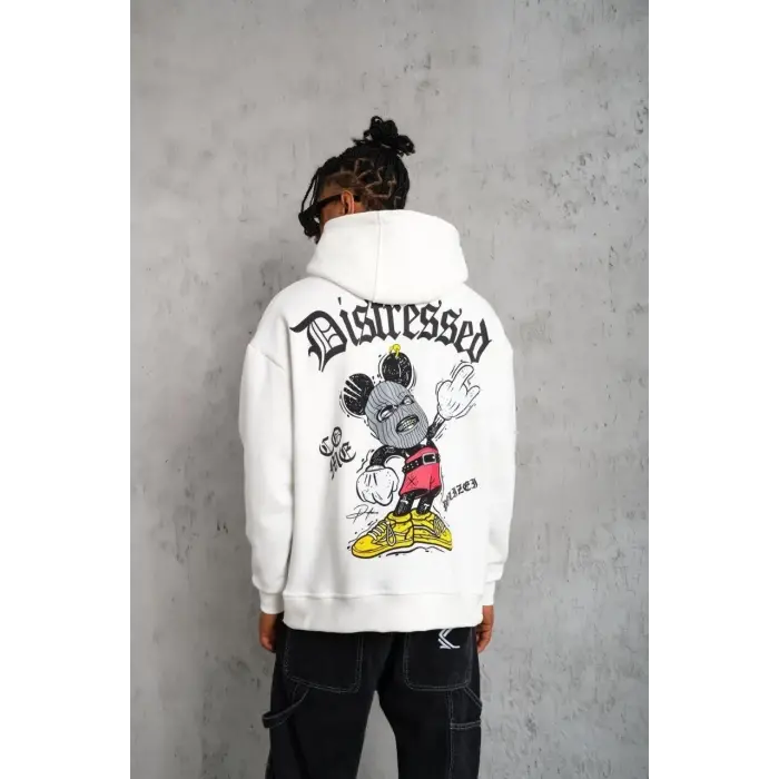 Erkek 3 İplik Pamuklu Kapüşonlu Baskılı Cepli Oversize Sweatshirt Hoodie - Beyaz