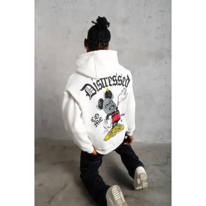 Erkek 3 İplik Pamuklu Kapüşonlu Baskılı Cepli Oversize Sweatshirt Hoodie - Beyaz
