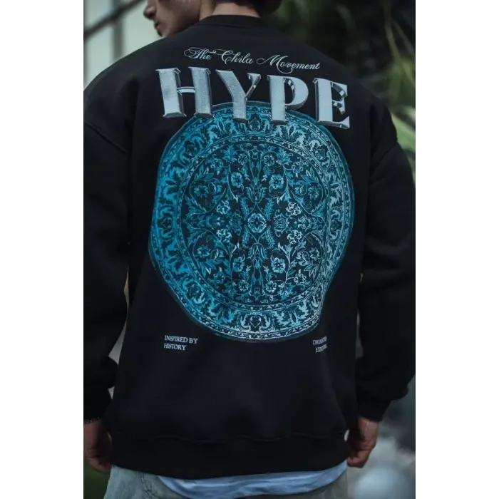 Erkek 3 İplik Pamuklu Bisiklet Yaka Baskılı SweatShirt - Siyah