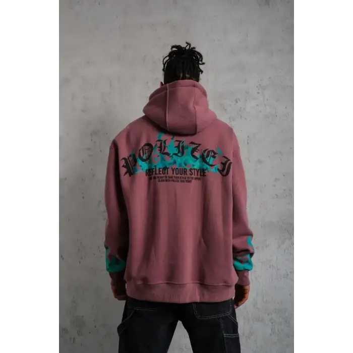 Erkek 3 İplik içi Pamuklu Alev Baskılı Kapüşonlu hoodie Sweatshirt - Gül Kurusu