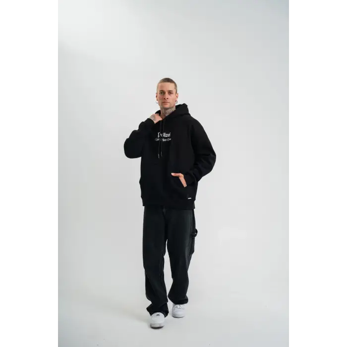 Erkek 3 İplik Pamuklu Kapüşonlu Baskılı Cepli Oversize Sweatshirt Hoodie - Siyah