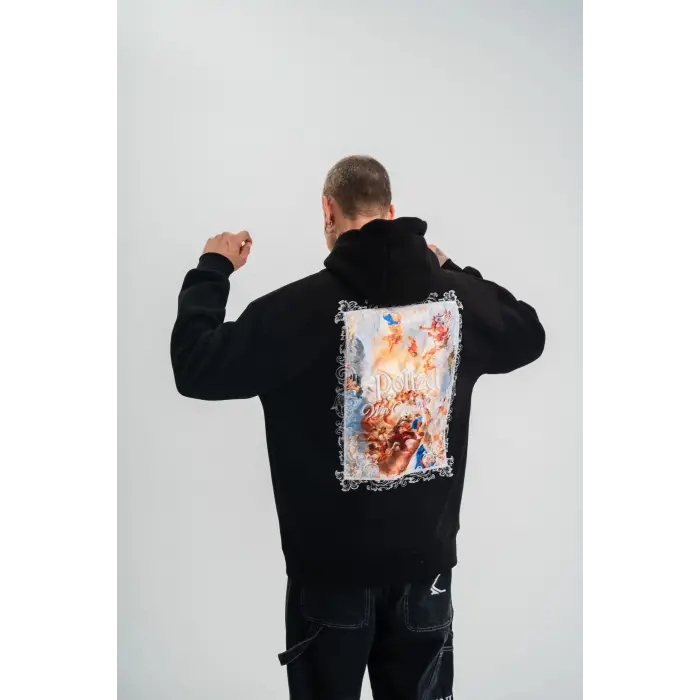 Erkek 3 İplik Pamuklu Kapüşonlu Baskılı Cepli Oversize Sweatshirt Hoodie - Siyah