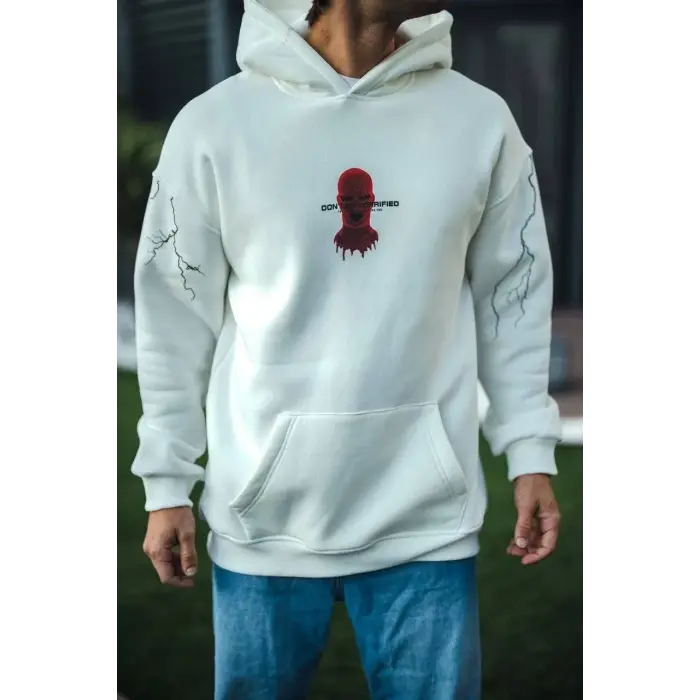 Erkek Kapüşonlu Kanguru Cepli Sweatshirt 3 İplik Pamuklu Baskılı Hoodie -  Beyaz