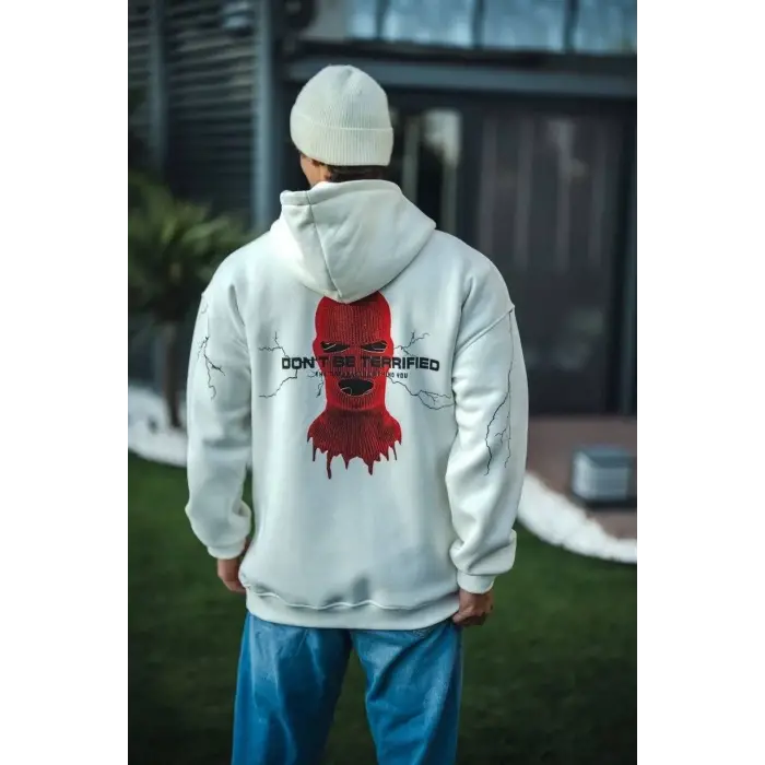 Erkek Kapüşonlu Kanguru Cepli Sweatshirt 3 İplik Pamuklu Baskılı Hoodie -  Beyaz