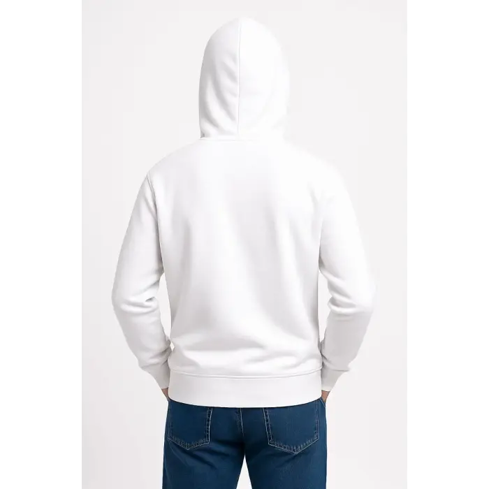 Erkek 3 İplik Pamuklu Kapüşonlu Kanguru Cepli SweatShirt hoodie - Beyaz