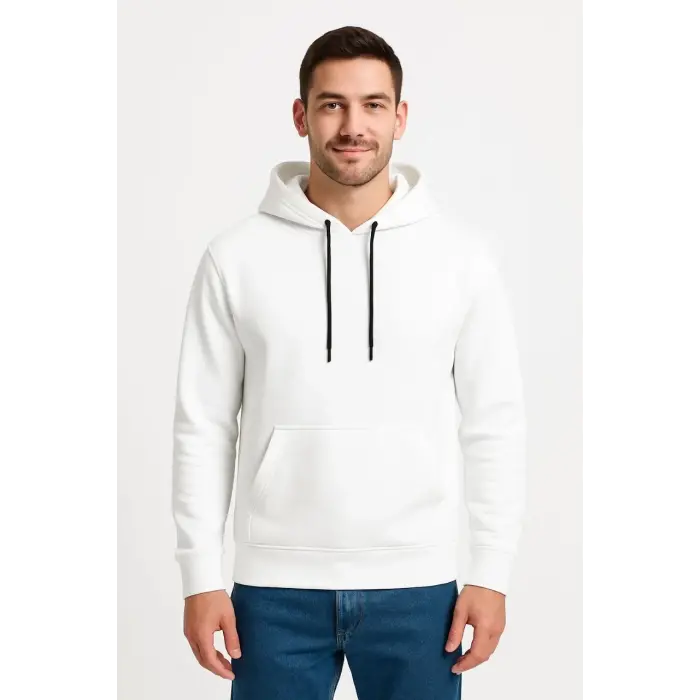 Erkek 3 İplik Pamuklu Kapüşonlu Kanguru Cepli SweatShirt hoodie - Beyaz