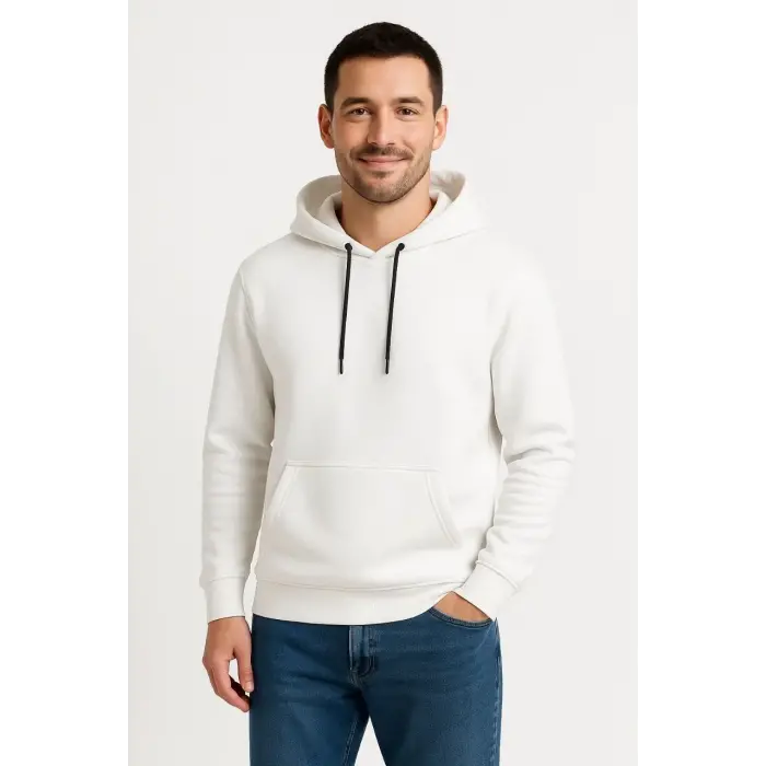 Erkek 3 İplik Pamuklu Kapüşonlu Kanguru Cepli SweatShirt hoodie - Beyaz