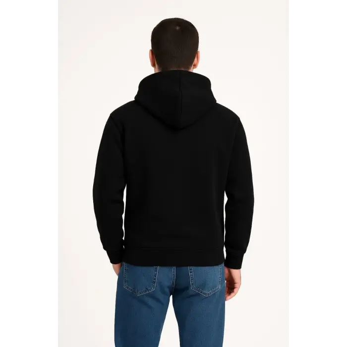 Erkek 3 İplik Pamuklu Kapüşonlu Kanguru Cepli SweatShirt hoodie - Siyah