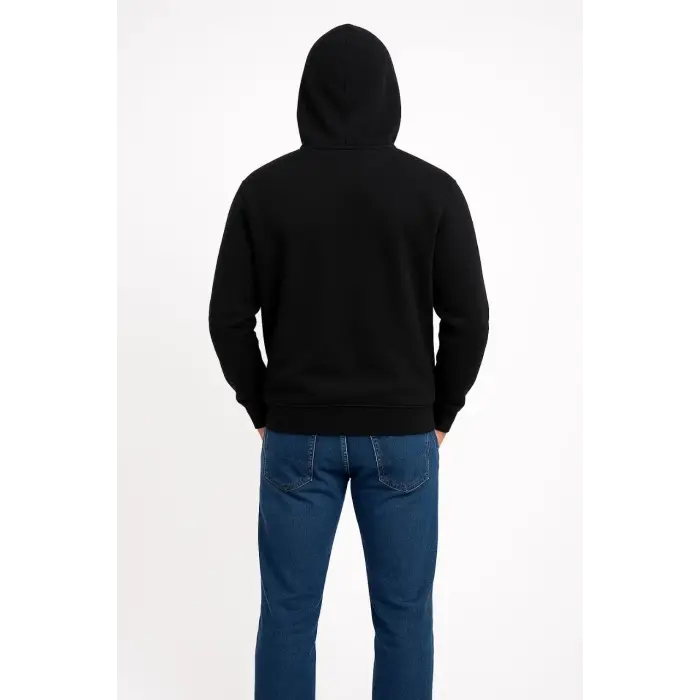 Erkek 3 İplik Pamuklu Kapüşonlu Kanguru Cepli SweatShirt hoodie - Siyah