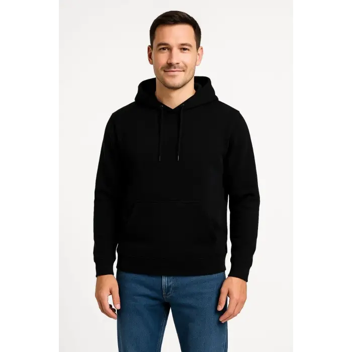 Erkek 3 İplik Pamuklu Kapüşonlu Kanguru Cepli SweatShirt hoodie - Siyah
