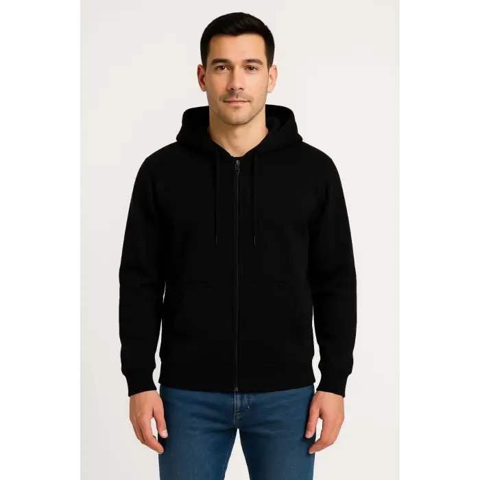 Erkek 3 İplik Pamuklu Kapüşonlu Tam Fermuarlı Cepli Hoodie Sweatshirt - Siyah