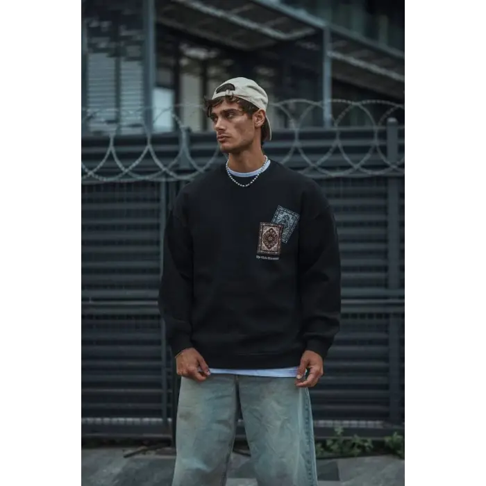 Erkek 3 iplik Pamuklu Bisiklet Yaka Baskılı SweatShirt - Siyah