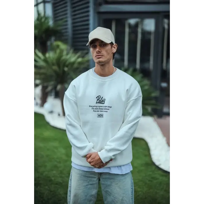 Erkek 3 iplik pamuklu Bisiklet Yaka Ön Ve Arka Baskılı SweatShirt - Beyaz