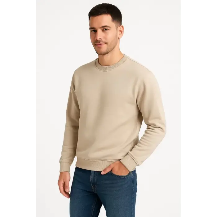 Erkek 3 İplik Pamuklu Düz Bisiklet Yaka SweatShirt - Bej