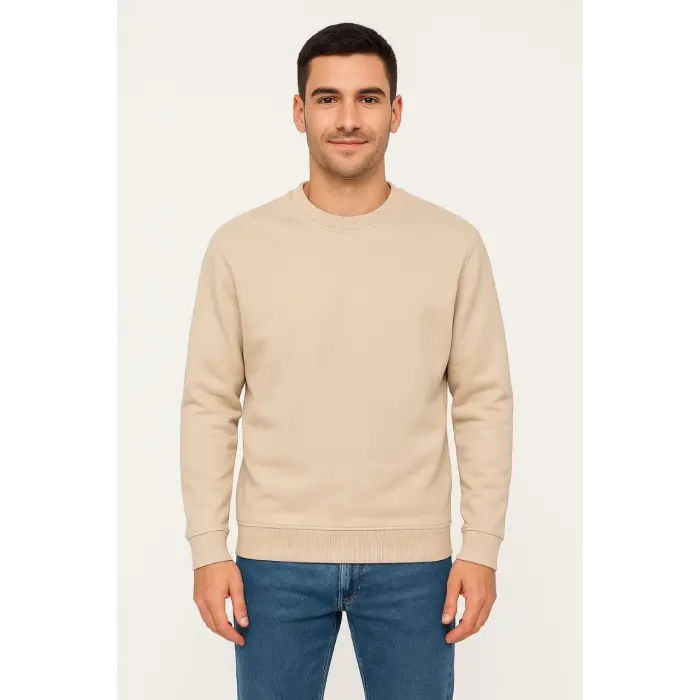 Erkek 3 İplik Pamuklu Düz Bisiklet Yaka SweatShirt - Bej