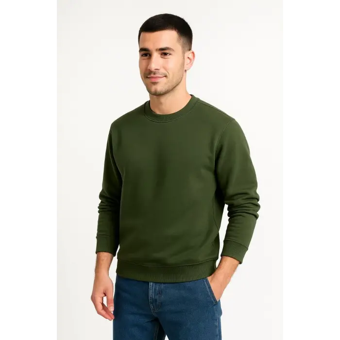 Erkek 3 İplik Pamuklu Düz Bisiklet Yaka SweatShirt - Haki