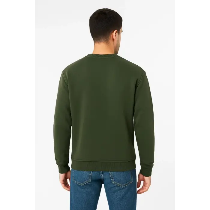 Erkek 3 İplik Pamuklu Düz Bisiklet Yaka SweatShirt - Haki
