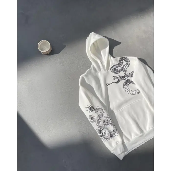 Erkek 3 İplik Pamuklu Kapüşonlu Baskılı Cepli Oversize Sweatshirt Hoodie - Beyaz