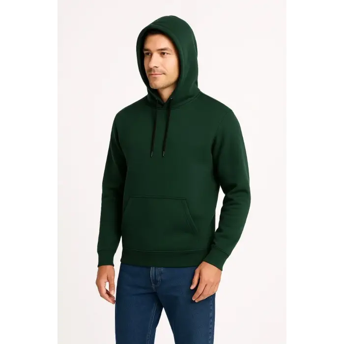 Erkek 3 İplik Pamuklu Kapüşonlu Kanguru Cepli SweatShirt hoodie - Haki