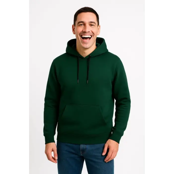 Erkek 3 İplik Pamuklu Kapüşonlu Kanguru Cepli SweatShirt hoodie - Haki