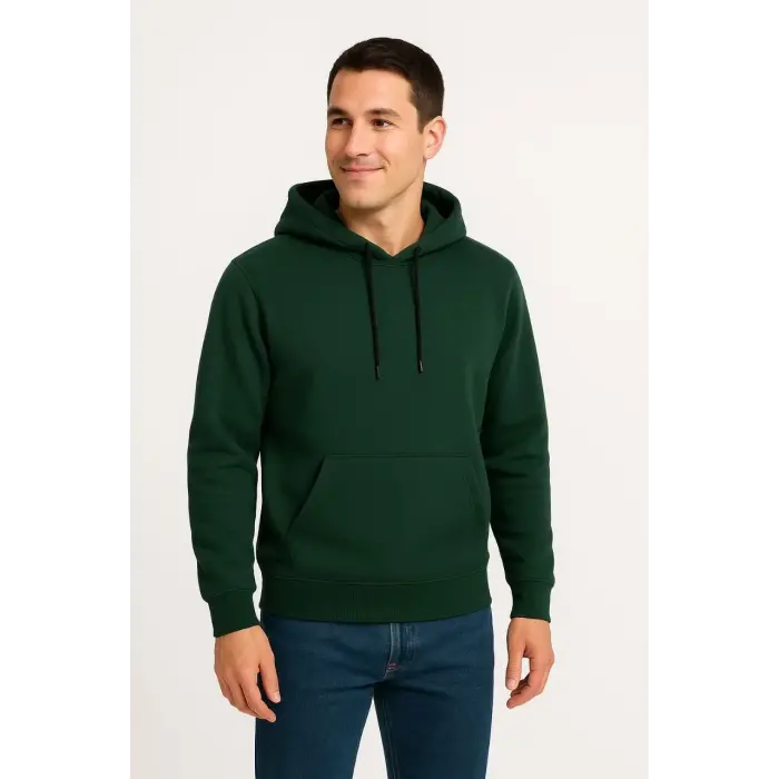 Erkek 3 İplik Pamuklu Kapüşonlu Kanguru Cepli SweatShirt hoodie - Haki