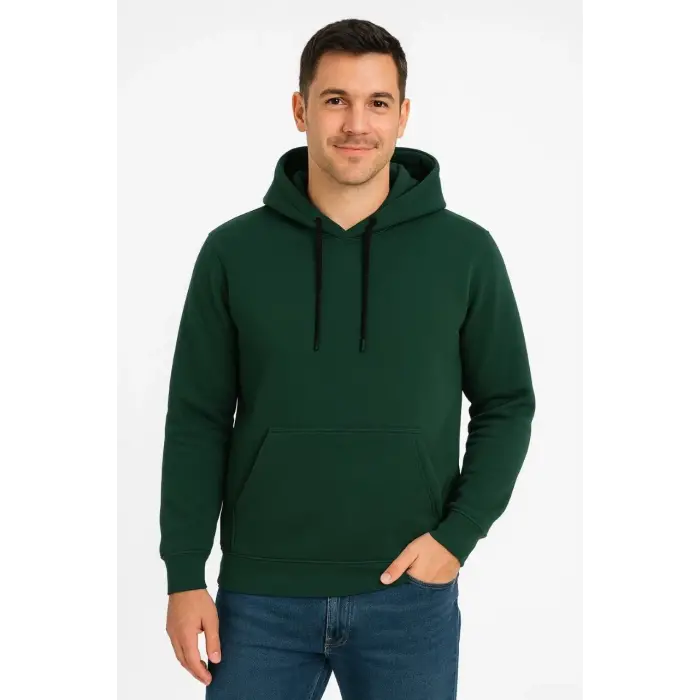 Erkek 3 İplik Pamuklu Kapüşonlu Kanguru Cepli SweatShirt hoodie - Haki