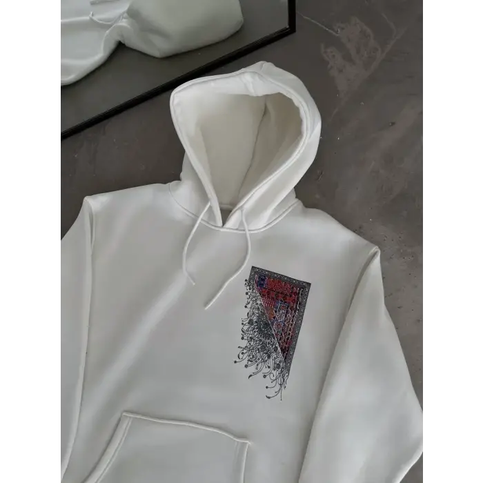 Erkek Kapüşonlu Kanguru Cepli Sweatshirt 3 İplik Pamuklu Baskılı Hoodie - Beyaz