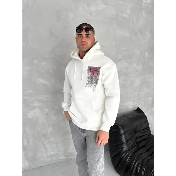 Erkek Kapüşonlu Kanguru Cepli Sweatshirt 3 İplik Pamuklu Baskılı Hoodie - Beyaz