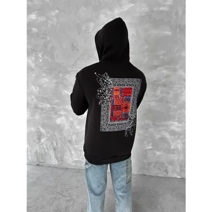 Erkek Kapüşonlu Kanguru Cepli Sweatshirt 3 İplik Pamuklu Baskılı Hoodie - Siyah