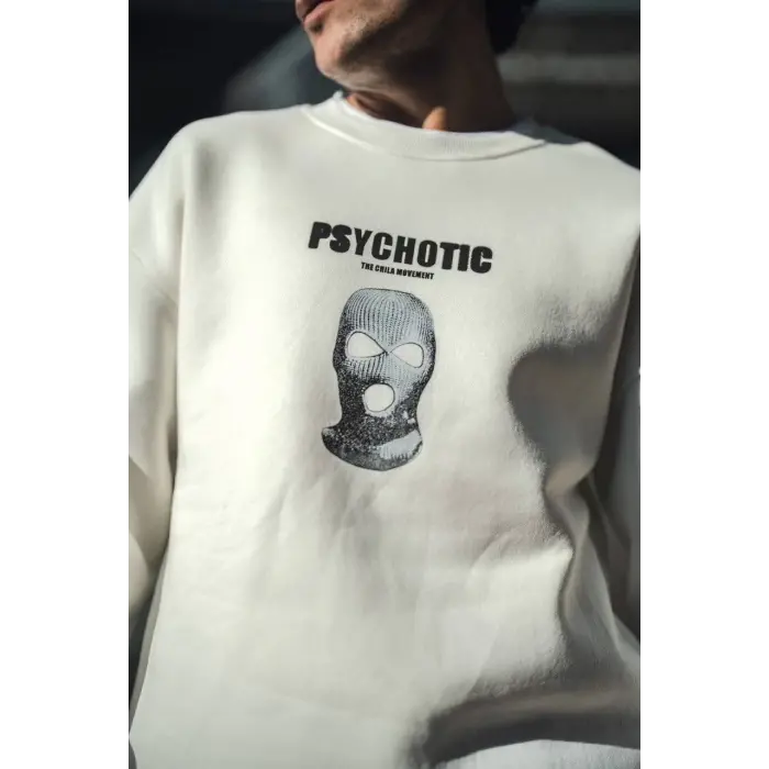 Erkek 3 iplik pamuklu Kışlık Bisiklet Yaka Baskılı SweatShirt - Beyaz