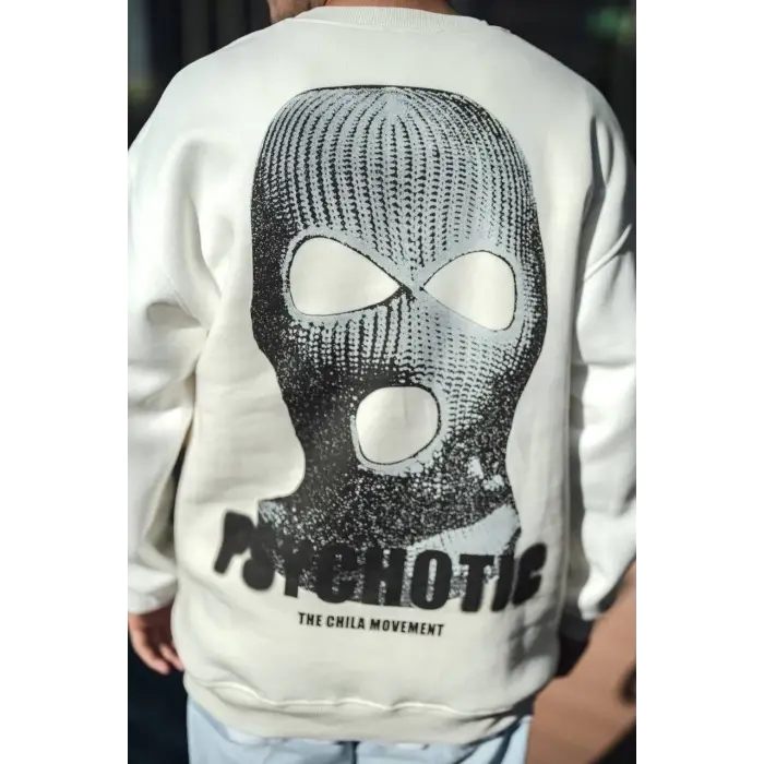 Erkek 3 iplik pamuklu Kışlık Bisiklet Yaka Baskılı SweatShirt - Beyaz