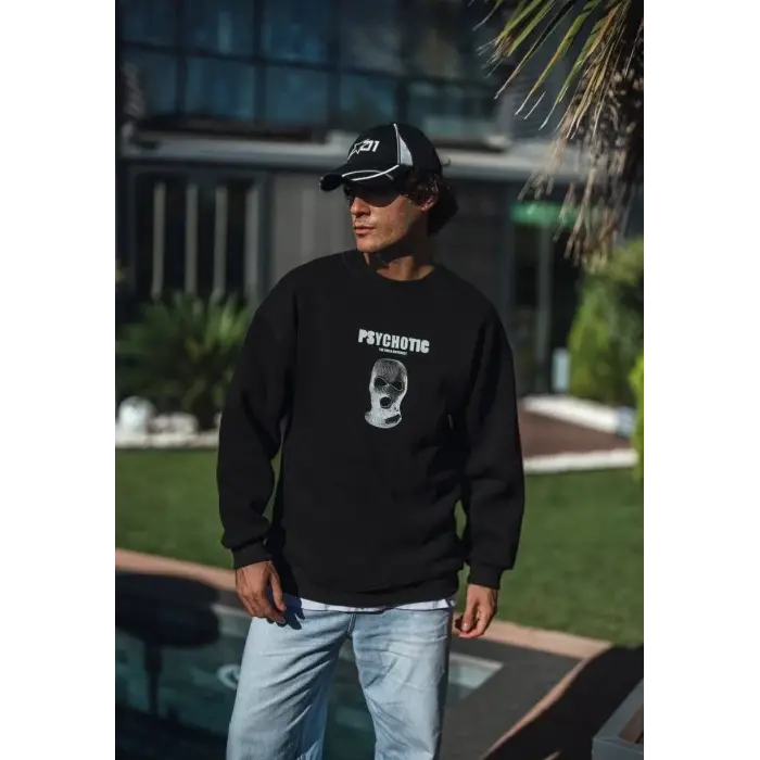 Erkek 3 iplik pamuklu Kışlık Bisiklet Yaka Baskılı SweatShirt - Siyah
