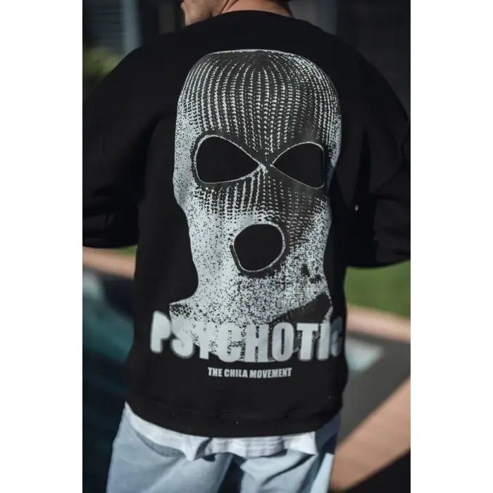 Erkek 3 iplik pamuklu Kışlık Bisiklet Yaka Baskılı SweatShirt - Siyah