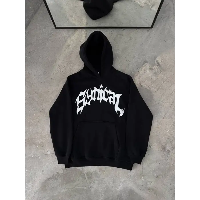 Erkek Kapüşonlu Kanguru Cepli Sweatshirt 3 İplik Pamuklu Baskılı Hoodie - Siyah