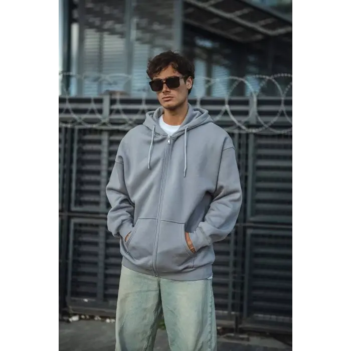 Erkek Tam Fermuarlı Cepli Kapüşonlu 3 iplik pamuklu hoodie Sweatshirt - Gri