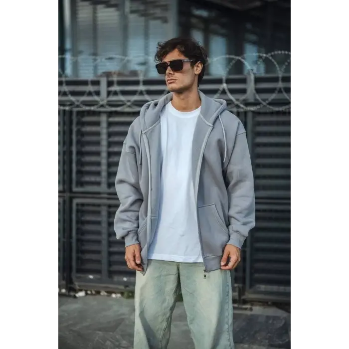 Erkek Tam Fermuarlı Cepli Kapüşonlu 3 iplik pamuklu hoodie Sweatshirt - Gri