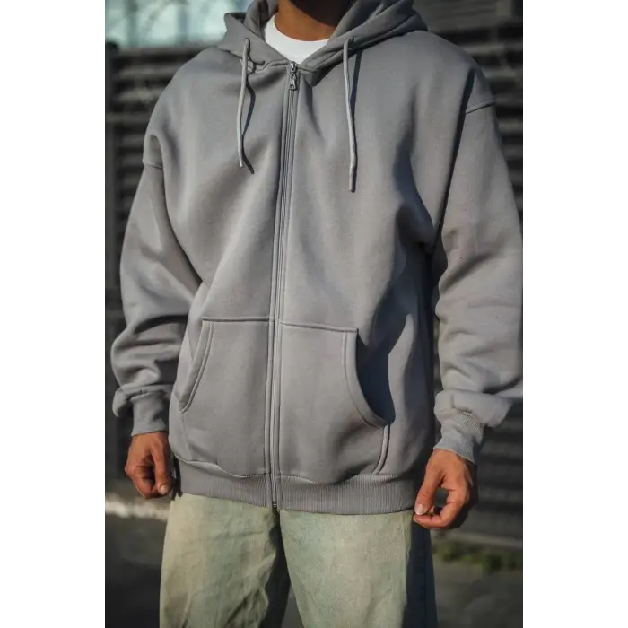 Erkek Tam Fermuarlı Cepli Kapüşonlu 3 iplik pamuklu hoodie Sweatshirt - Gri