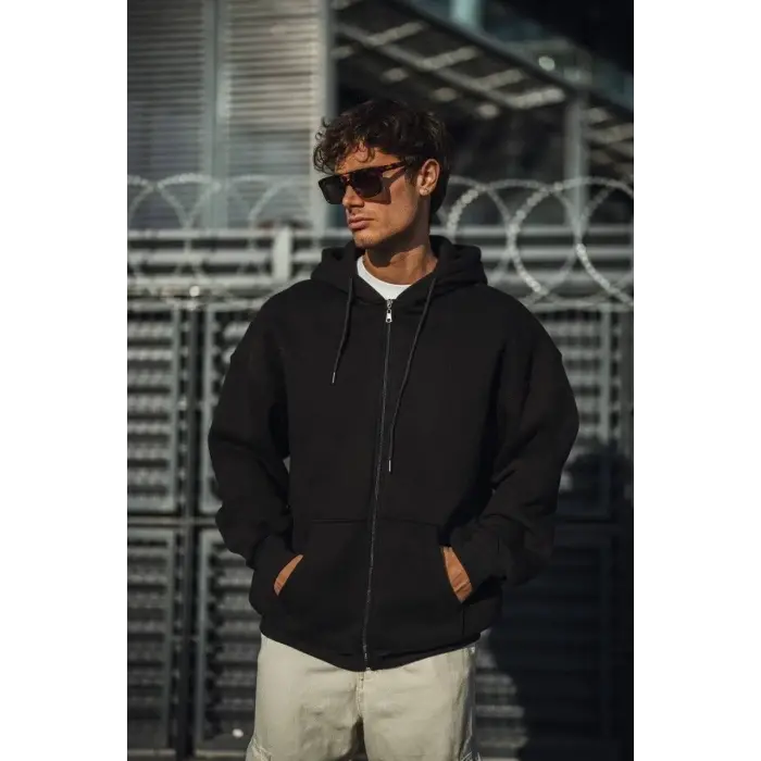 Erkek Tam Fermuarlı Cepli Kapüşonlu 3 iplik pamuklu hoodie Sweatshirt - Siyah