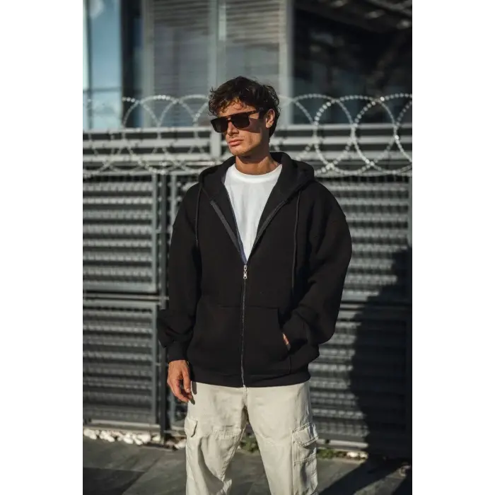 Erkek Tam Fermuarlı Cepli Kapüşonlu 3 iplik pamuklu hoodie Sweatshirt - Siyah