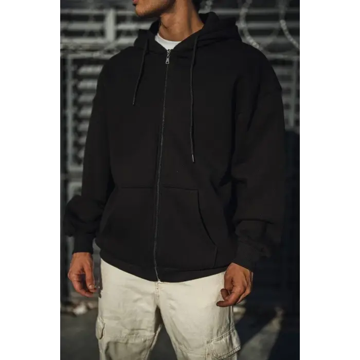 Erkek Tam Fermuarlı Cepli Kapüşonlu 3 iplik pamuklu hoodie Sweatshirt - Siyah