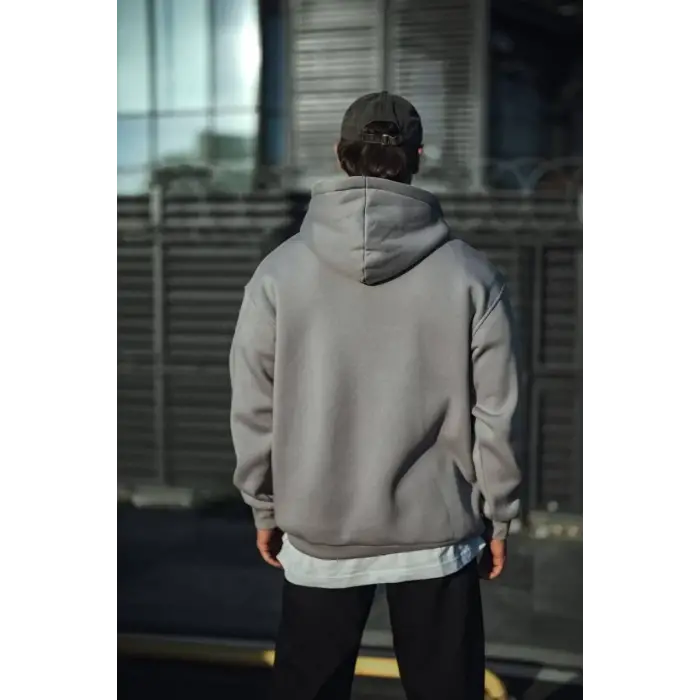 Erkek 3 İplik Penye Kapüşonlu Basic SweatShirt Hoodie - Boyalı Gri
