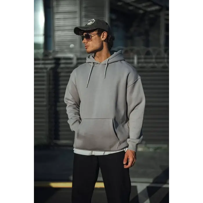 Erkek 3 İplik Penye Kapüşonlu Basic SweatShirt Hoodie - Boyalı Gri