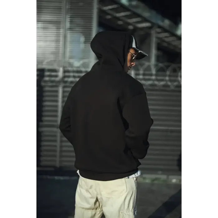 Erkek 3 İplik Pamuklu Kapüşonlu Basic SweatShirt Hoodie - Siyah