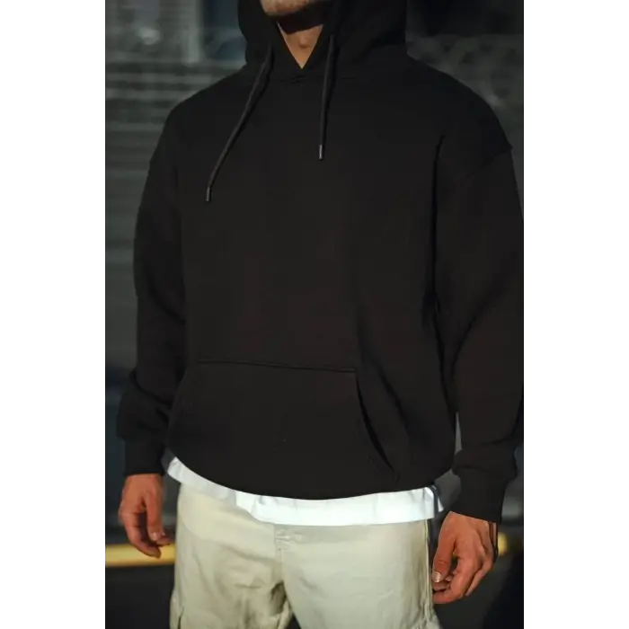Erkek 3 İplik Pamuklu Kapüşonlu Basic SweatShirt Hoodie - Siyah