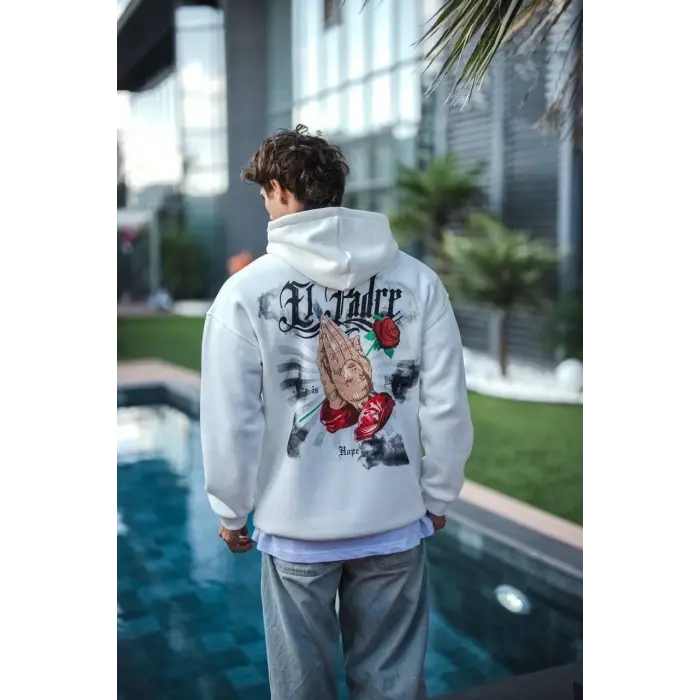 Erkek Kapüşonlu Kanguru Cepli Sweatshirt 3 İplik Pamuklu Baskılı Hoodie - Beyaz