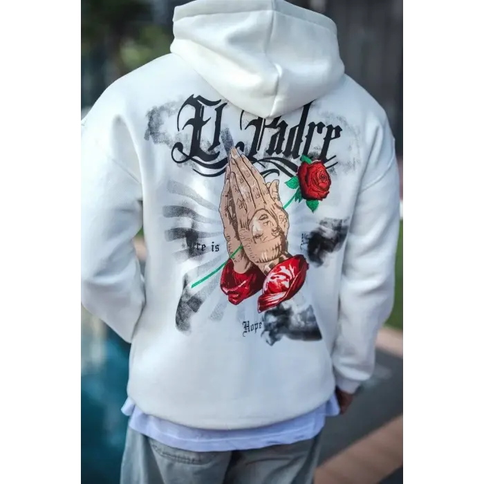 Erkek Kapüşonlu Kanguru Cepli Sweatshirt 3 İplik Pamuklu Baskılı Hoodie - Beyaz