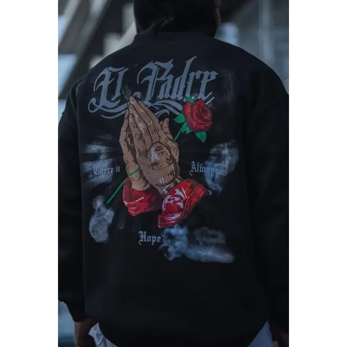 Erkek 3 İplik Pamuklu Kapüşonlu Baskılı Cepli Oversize Sweatshirt Hoodie - Siyah