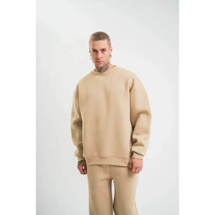 Erkek Uzun Kol Bisiklet Yaka 3 iplik Pamuklu Kışlık SweatShirt  - Bej