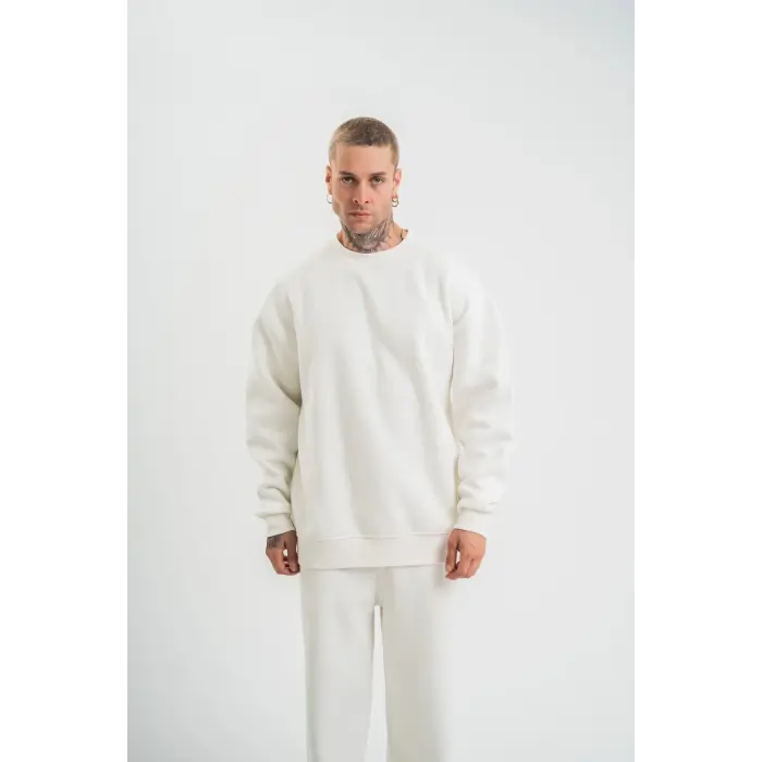 Erkek Uzun Kol Bisiklet Yaka 3 iplik Pamuklu Kışlık SweatShirt  - Beyaz