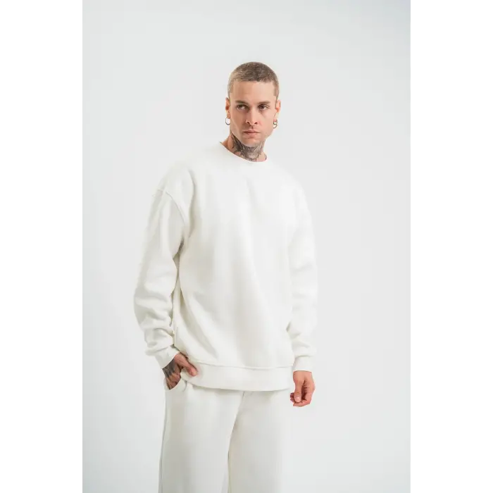 Erkek Uzun Kol Bisiklet Yaka 3 iplik Pamuklu Kışlık SweatShirt  - Beyaz